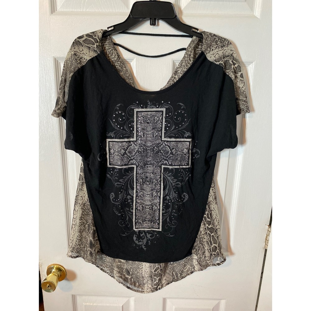 Womens XL Graphic Cross Snakeskin Print Studded Cowl Back Top Black Gray